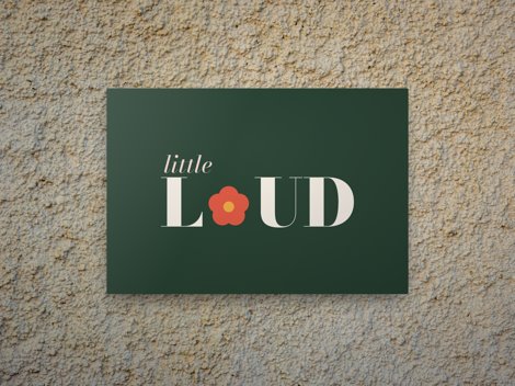 Little Loud reversed logo on a forest card